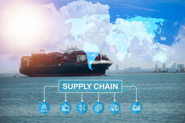 istock Supply Chain Management concept transportation and logistic suppliers, import export and transport industry. network distribution growth. container cargo ship and trucks of industrial cargo freight 2181943947