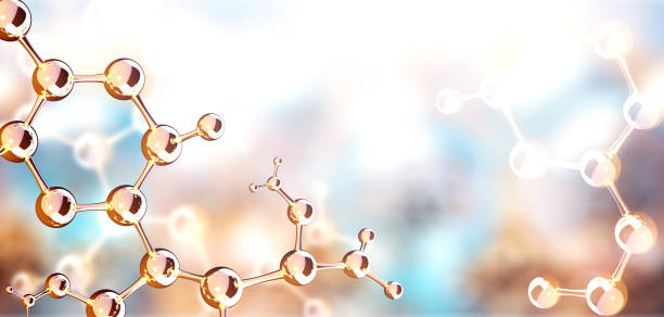 Horizontal banner in retro style colors with model of abstract molecular structure. Background of blue and yellow color with glass atom model. Copy space for your text. 3d render stock photo