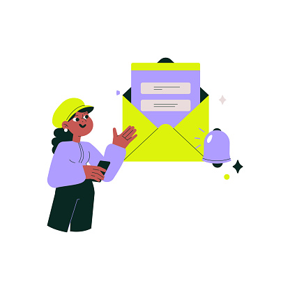 Line Notification Character Female Character Checking Notifications In Flat Vector Illustration ...