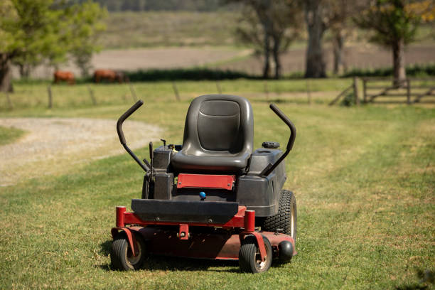 tractor with a mounted mower mows meadow forbs