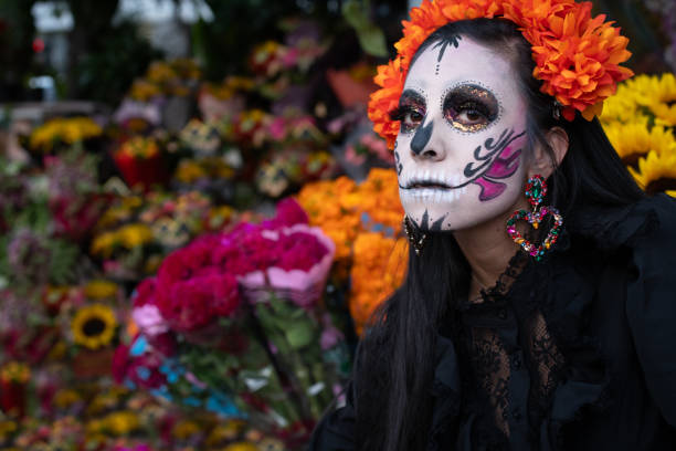 istock Mexican Catrina in Three-Quarter Profile with Floral Background 2181962982
