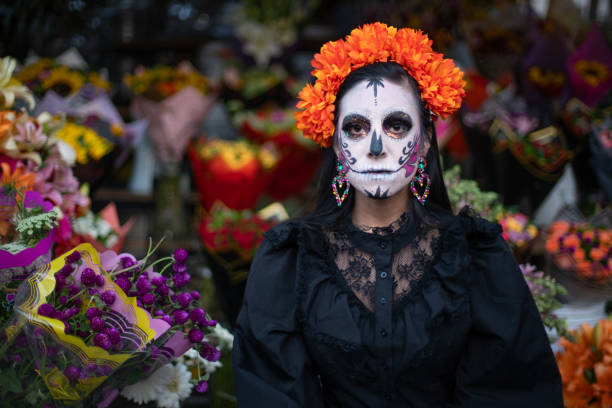 istock Mexican Catrina with Marigold Crown, Facing Camera 2181963215