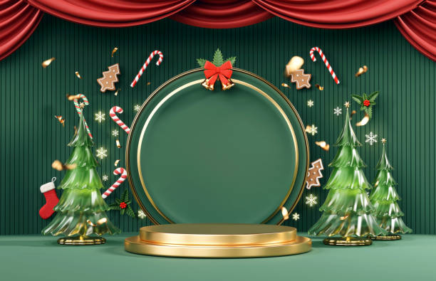 istock Green Merry Christmas event product display podium with decoration background 3d rendering 2181970622