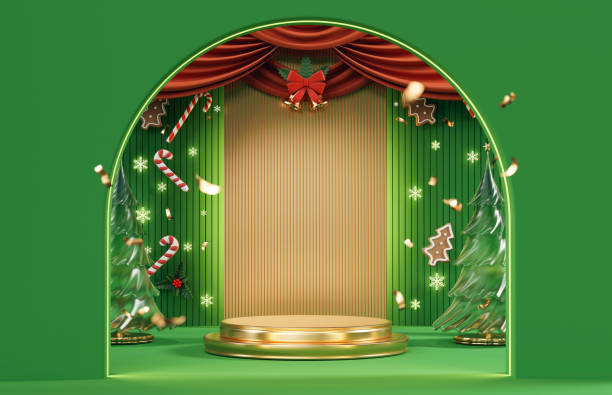 Green Merry Christmas event product display podium with decoration background 3d rendering