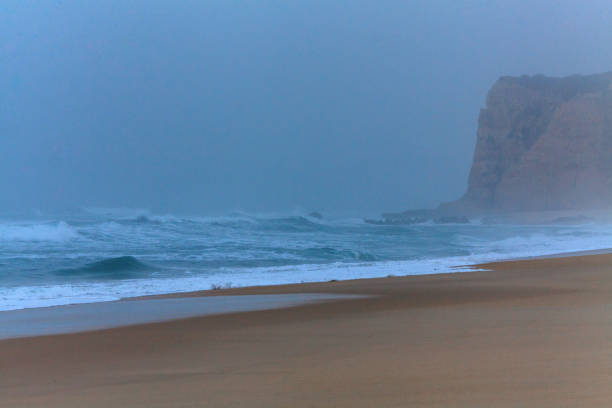 Waves gently wash onto a quiet sandy shore, creating soft, foamy patterns against the warm sand, framed by a misty, coastal backdrop