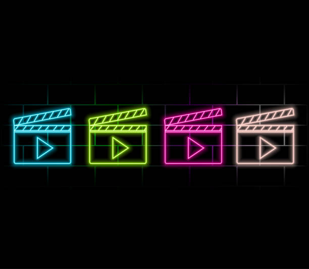 istock Outline neon clapperboard, violet pink icon. Glowing neon clapper board with play sign. Video production, cinema editor, movie shooting, music clip recording. Filmmaking studio, multimedia editor 2181984284
