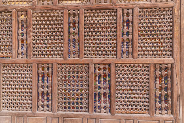 Al-Darb Al-Ahmar, Old Cairo, Cairo, Egypt. Wooden screen on a building in Old Cairo.