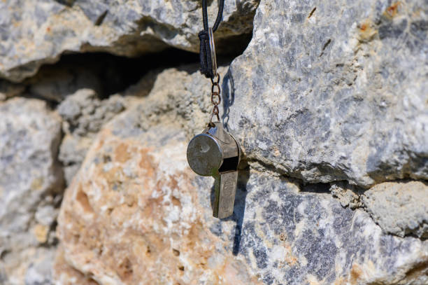 A shiny metal whistle hangs from rocks, glinting in the afternoon light, sparking a sense of adventure.