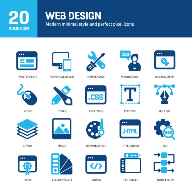 webdesign glyphe feste symbole. enthält eine sammlung von codierungs-, entwicklungs-, projekt-, vorlagen- und website-symbolen. vektor-illustration. für website-design, logo, app, vorlage, benutzeroberfläche usw. - content informationsmedium stock-grafiken, -clipart, -cartoons und -symbole