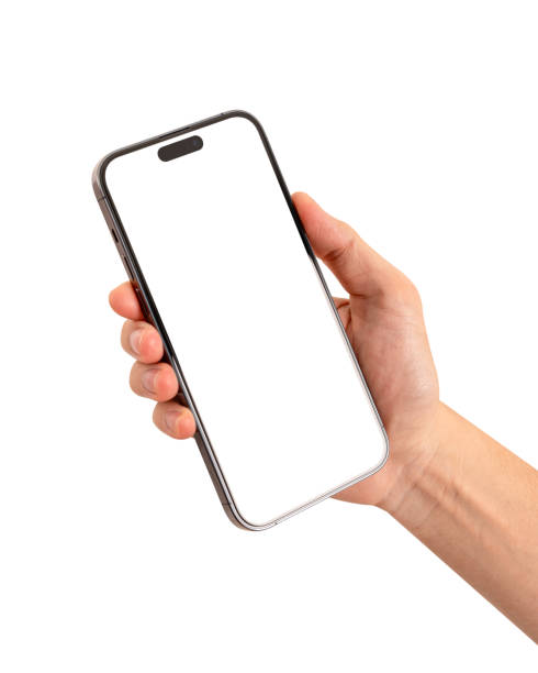 istock Close up of hand holding smartphone with blank screen isolated on white background. 2181996213