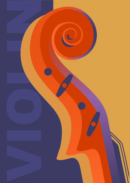 poster retro latar belakang ungu oranye viiolin - musik klasik ilustrasi stok