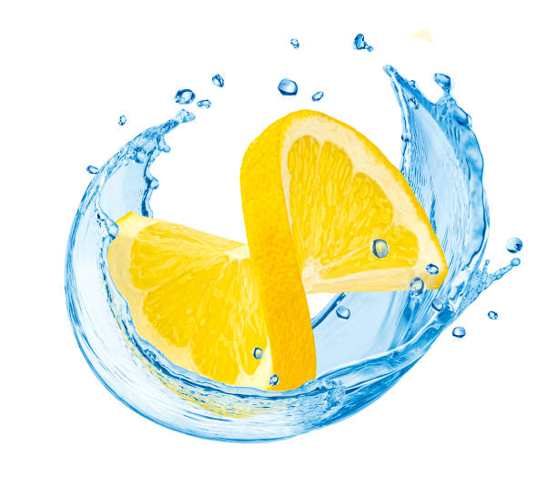 istock Twisted lemon slice and water splash isolated on white background 2182008100