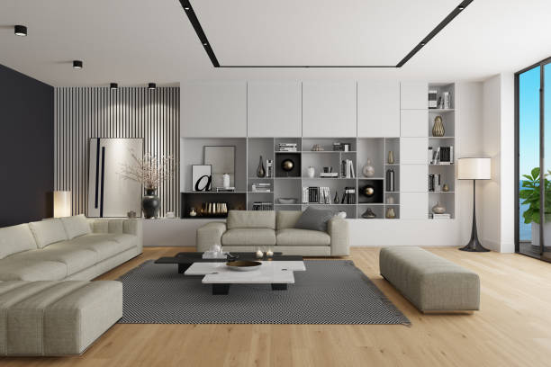 istock Modern Luxury Living Room Interior with large shelves on the wall. White concept. 2182011192