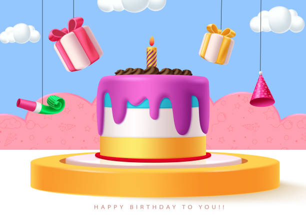 istock Birthday podium vector template design. Happy birthday cake in podium stage with hanging party elements in pink paper cut and blue sky background. 2182011277