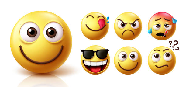istock Emoji smiling face emoticon vector set.  Emojis character in cute smile, happy and friendly face with yellow emoticons like craving, angry, 2182014034