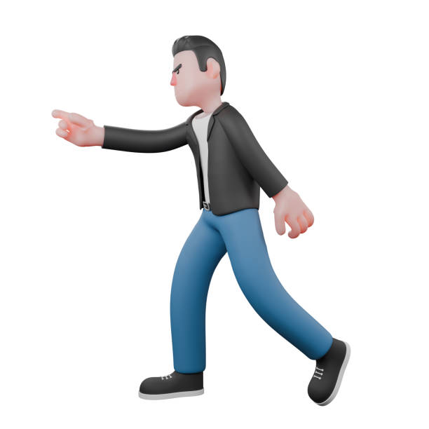 istock Musician Cartoon Character in 3D. A male musician walks while his right hand points forward and his left hand is clenched behind his body. Singing Performer 2182023713