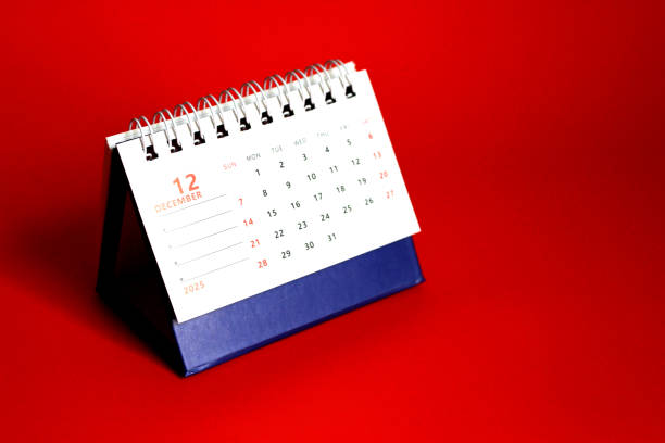 Monthly calendar template for the new year 2025 desk calendar,on red background