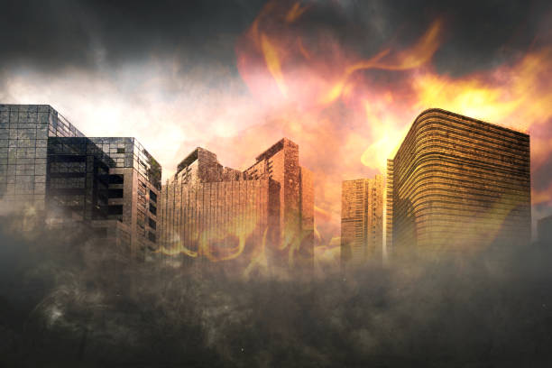 istock Destruction city with fires explosion with dramatic sky background. Fire is orange and yellow, and it is surrounding and burning buildings 2182029489