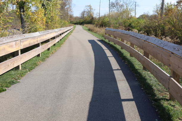 istock Walking and biking path through nature park with shadows 2182029840