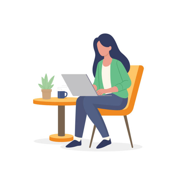 Women freelancer in trendy style working his project remote job Women freelancer in trendy style working his project remote job. Remote working design concept vector illustration person writing in notebook stock illustrations