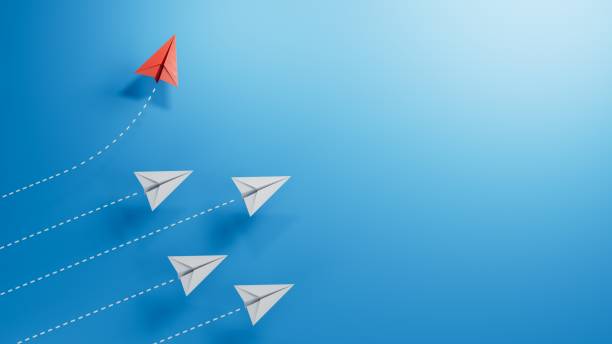 istock Different business concept.Red paper plane changing direction from white paper plane. new ideas. paper art style. creative idea.3D rendering on blue background. 2182044350
