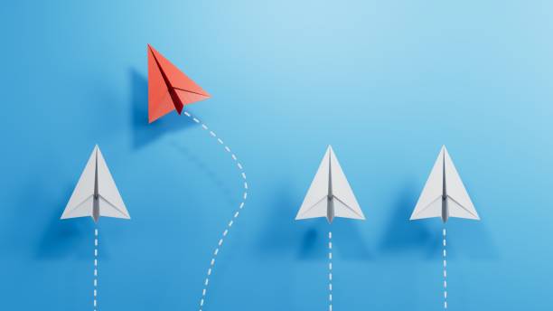 istock Flat lay composition with paper planes on light blue background.new ideas. paper art style. creative idea.3D rendering on blue background. 2182044564