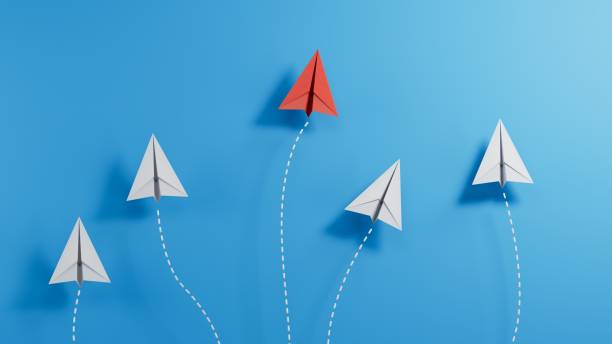 istock leaderplane or different concept with red and white paper airplane path and route line on blue background. Digital craft in education or travel concept. Mock up design. 3d abstract illustration 2182044686