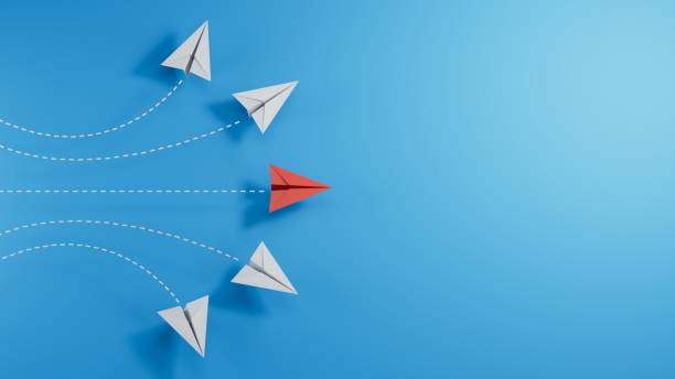 istock leaderplane or different concept with red and white paper airplane path and route line on black background. Digital craft in education or travel concept. Mock up design. 3d abstract illustration 2182044688