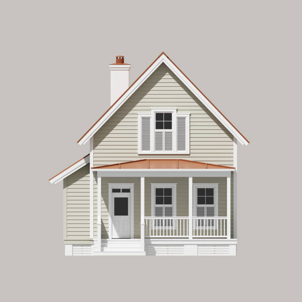 3d render of suburban house with patio on grey background.