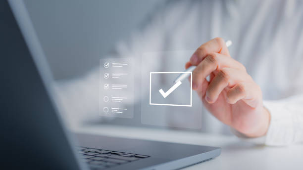 Business performance checklist and tracking. Evaluate online survey questionnaires, conducting audits evaluation and assessments. Standard certification and quality improvement. Tick mark on checkbox.