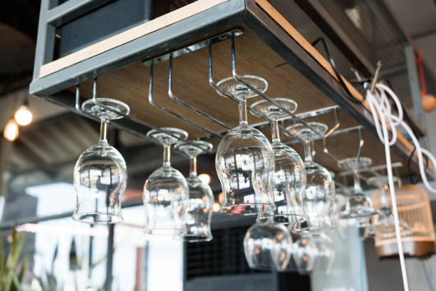 istock Wine glasses hanging from ceiling in a cafe 2182046921