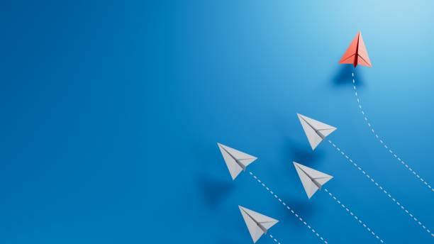 istock Red paper origami plane have individual direction from unique white planes in different way. Business strategy and opportunity concept.3D rendering on blue background. 2182048367