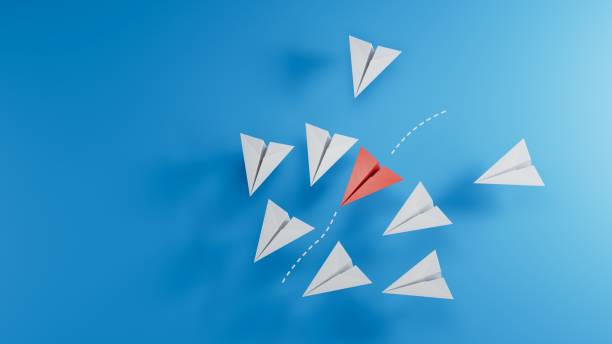 istock Red paper plane floating between others on light blue background, flat lay. Uniqueness concept.new ideas. paper art style. creative idea.3D rendering on blue background. 2182048368