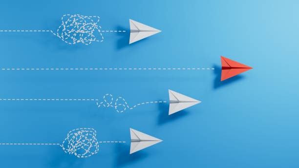 istock Competition paper planes with doodle line. Concept of business, leaderplane, problem solution, success, education, goal challenge, mission target, think different, standout vision, courage management 2182048610