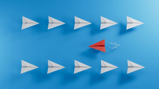 istock Different business concept.Red paper plane changing direction from white paper plane. new ideas. paper art style. creative idea.3D rendering on blue background. 2182048702