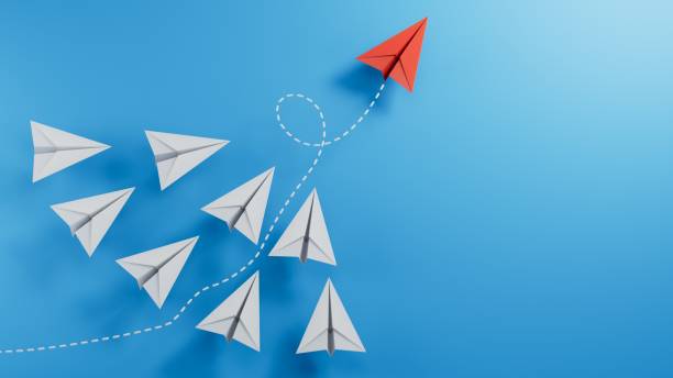 istock Leaderplane and paper planes.new ideas. paper art style. creative idea.3D rendering on blue background. 2182048875