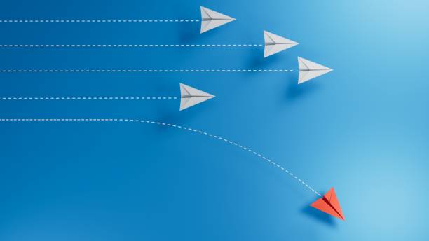 istock Red paper plane changing direction from white. New ideas. Different business concepts. Courage to risk. leaderplane. 3D illustrations 2182048955