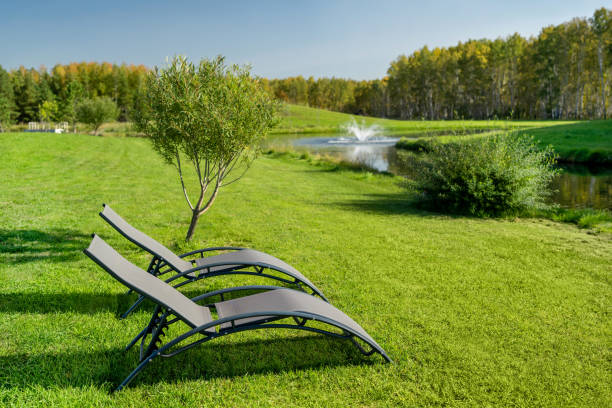 istock A serene and beautiful garden featuring comfortable lounge chairs next to a tranquil pond 2182049318