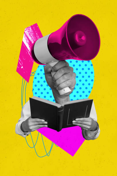 istock Vertical creative art collage of hand hold megaphone device announce book imagination student education isolated on painting background 2182059397