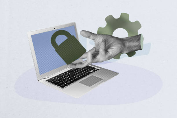istock Composite photo collage of hand hold lock gearwheel process decode password access laptop hacking close isolated on painted background 2182059612