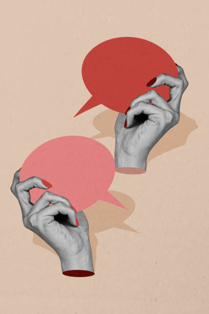 istock Vertical collage 3d hands arms wrist body fragment hold communication phrase cite speech dialog conversation reply message 2182060986