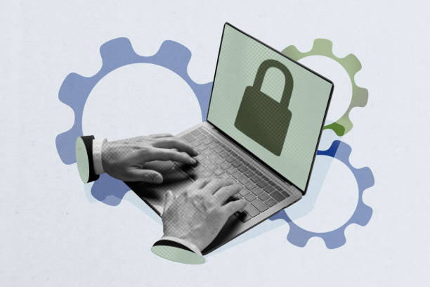 istock Composite photo collage of hacker hands type blocked password lock laptop protection script decoding isolated on painted background 2182061278
