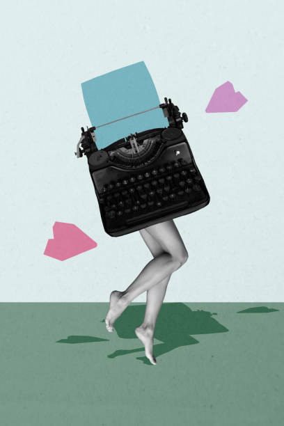 istock Vertical creative art collage of anonym girl instead body old typewriter machine author article barefoot isolated on painting background 2182061279