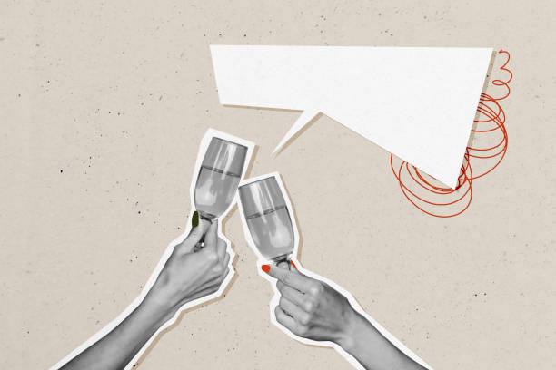 istock Composite trend artwork sketch image collage of silhouette human hand appear hold cocktail glass speech cloud chatting party celebration 2182061572