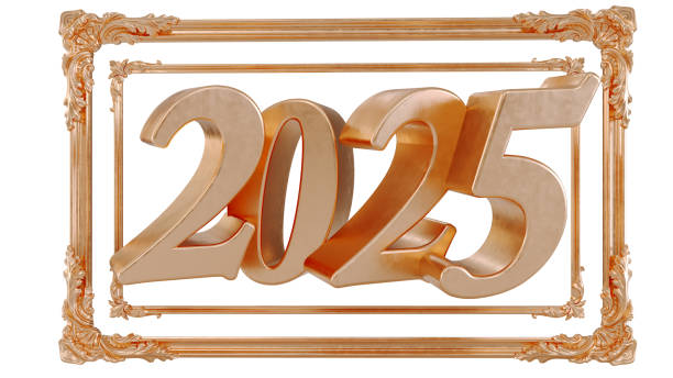 istock 2025 Happy New Year gold logo text isolated on white background, two thousand twenty-five 2182061624