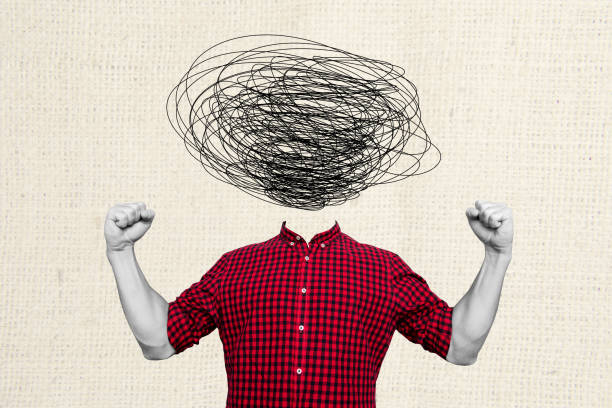 Composite trend artwork 3D image photo collage of young guy caricature headless mess line pressure mental problem depression fist gesture