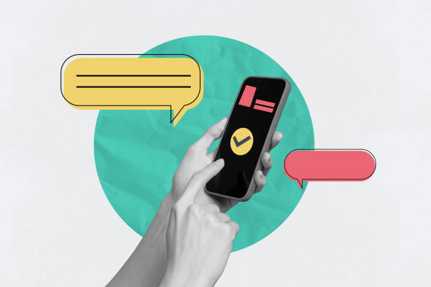 istock Composite photo collage of hands hold phone gadget screen notification bubble confirm checkbox sms icon isolated on painted background 2182062350