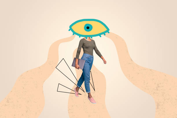 istock Composite trend artwork image photo collage of huge eyes watch vision allseeing control freemason head young lady walk hold laptop office 2182062653