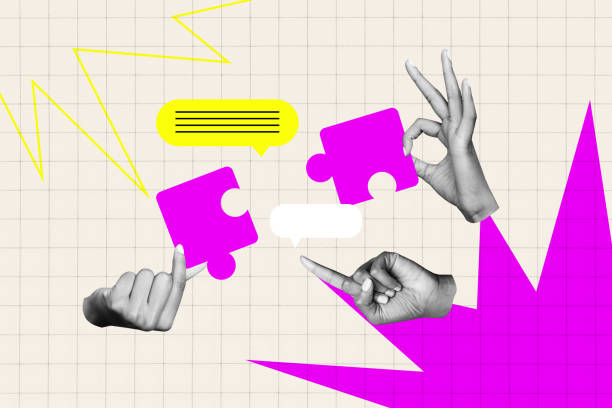istock Composite photo collage of hands hold puzzle segment team building concept arm point text box communication isolated on painted background 2182062654