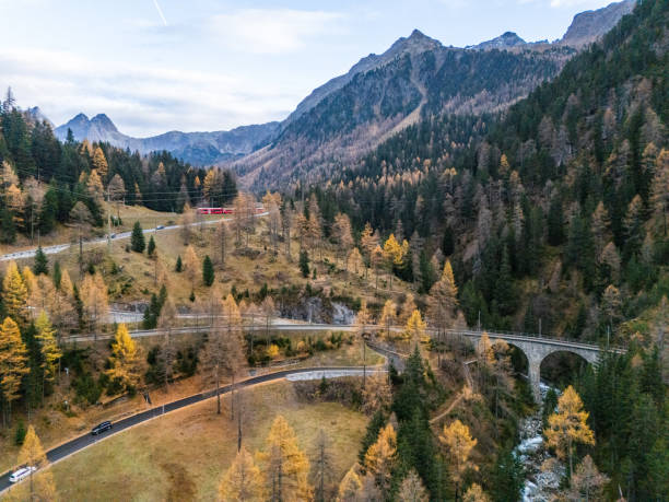 istock Winding Mountain Road with Train in Autumn Forest 2182063024